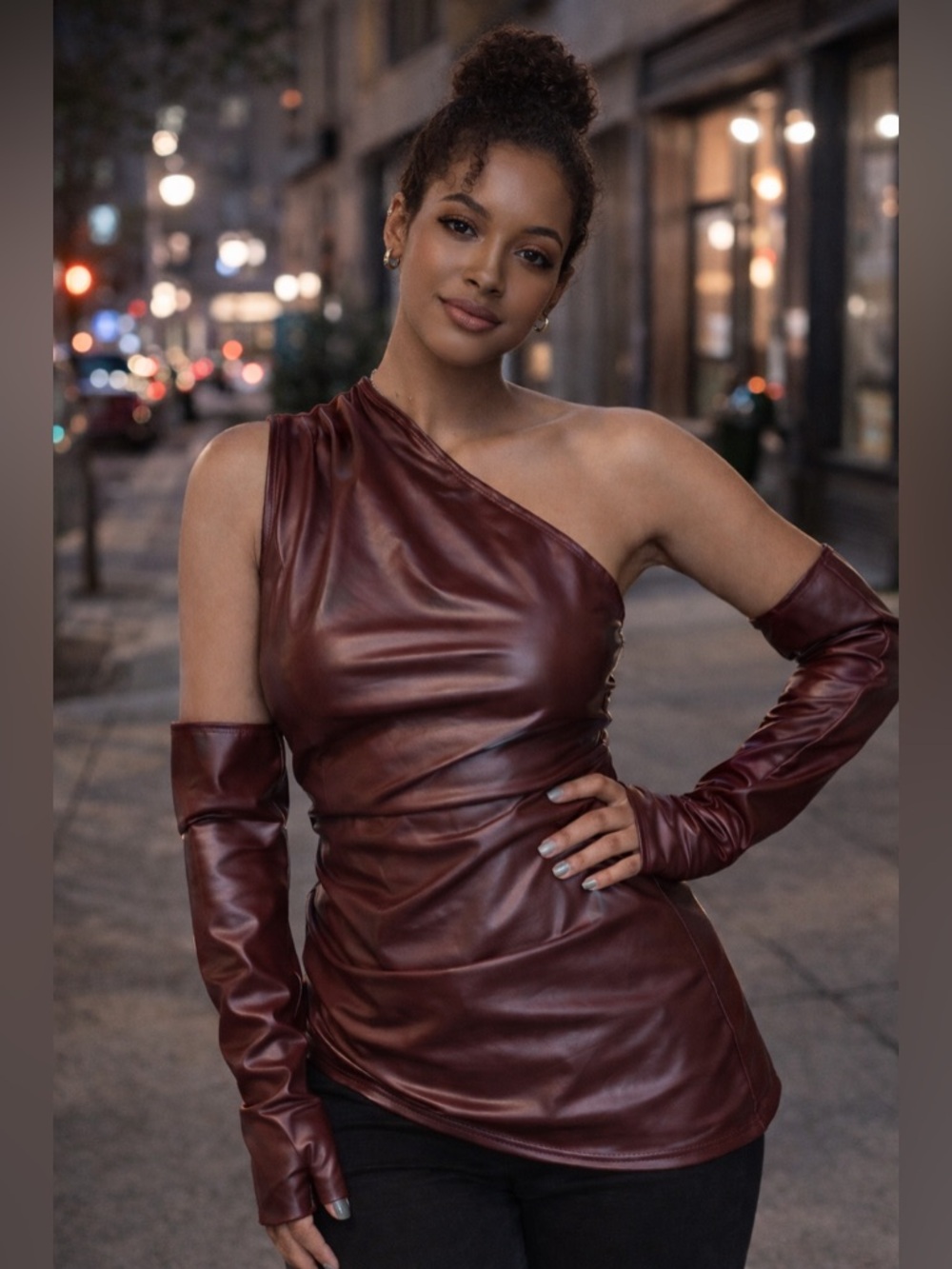 One-Shoulder Burgundy Faux Leather Top